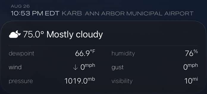 Snapshot of Skypoint showing an archived weather report for Ann Arbor, MI