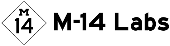 An image of the M-14 Labs logo depicting an M above 14 in a diamond shape like a road sign with "M-14 Labs" printed beside it