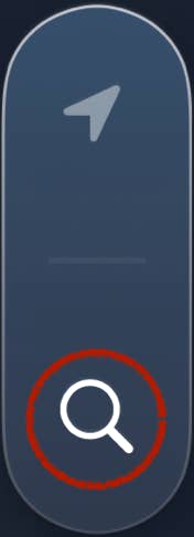Snapshot of Skypoint's toolbar, with a location arrow button on top and a magnifying glass search button below, circled in red